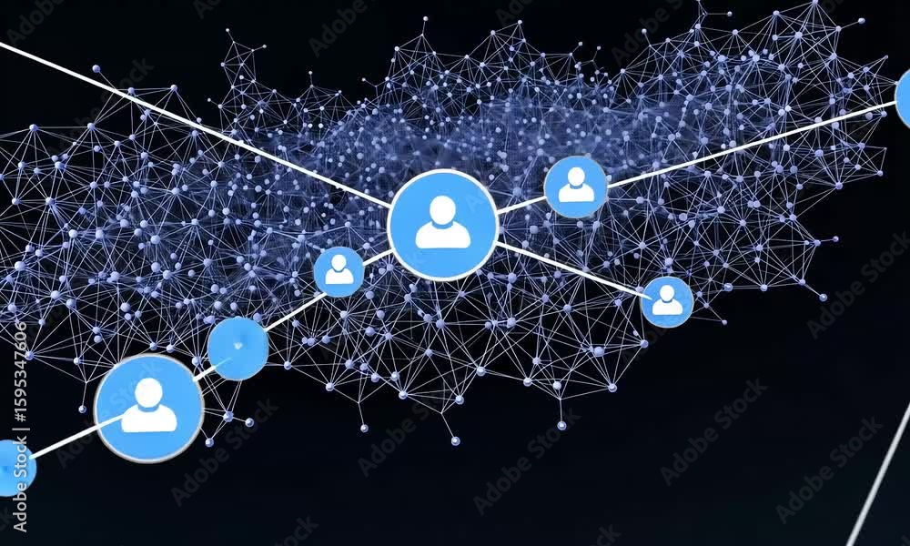 Aufkleber abstract digital network visualization with blue connected spheres and lines on black backdrop