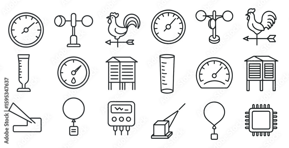 Fototapete Collection of weather and temperature gauges. The gauges are all lined up in a row, with some of them being more prominent than others. Scene is one of precision and accuracy