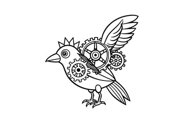 Obraz premium Steampunk Bird Illustration with Gears and Wings a Mechanical Creature in Black and White Outline Style Perfect for Coloring Books and Creative Design Projects