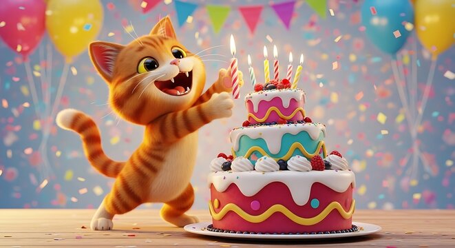 Delightful cartoon cat celebrates a birthday with a colorful cake and balloons - Powered by Adobe
