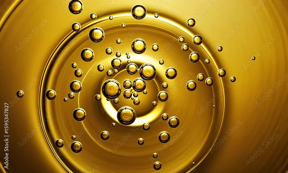 Poster abstract golden liquid texture with bubbles in a spiral pattern and glossy surface