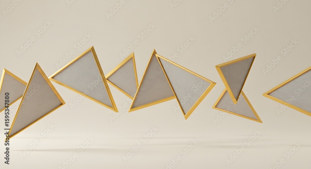 Poster abstract composition of floating triangles with golden edges against a soft, neutral background, cre