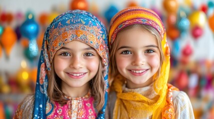 Two Adorable Girls in Colorful Headscarves