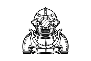 Detailed line art illustration of a vintage diving suit featuring a classic helmet and heavy construction perfect for nautical themes and historical depictions in black