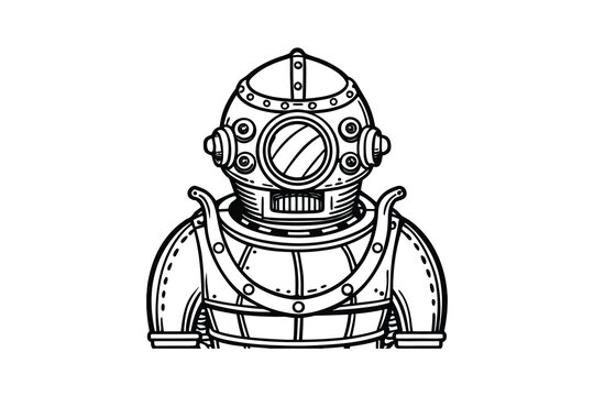 Detailed line art illustration of a vintage diving suit featuring a classic helmet and heavy construction perfect for nautical themes and historical depictions in black