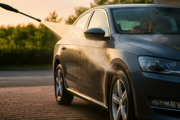 Fototapeta premium Powerful pressure washer blasting dirt off black car at sunset. Dramatic water spray, gleaming paint, outdoor auto detailing, vehicle maintenance, summer car wash service concept.