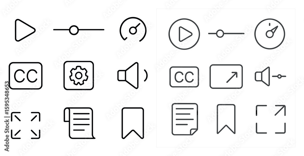 Poster set of icons for a computer program. the icons include a play button, a pause button, a volume contr
