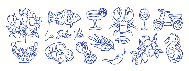 Hand drawn vector illustration in Mediterranean summer style. Rough grunge sketch in charcoal or chalk texture. Perfect for travel posters, prints, and vacation-themed designs.