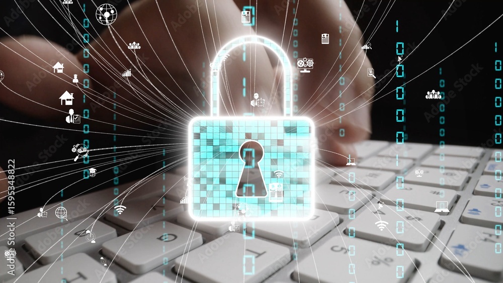 Poster a digital security concept that illustrates a virtual lock over a keyboard background, emphasizing t