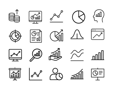 Data Analytics Vector Icon Set, graph, analysis, report, growth, statistics, trend, pie chart, statistics, bar graph, line graph, scatter plot, dashboard, info graphic icons