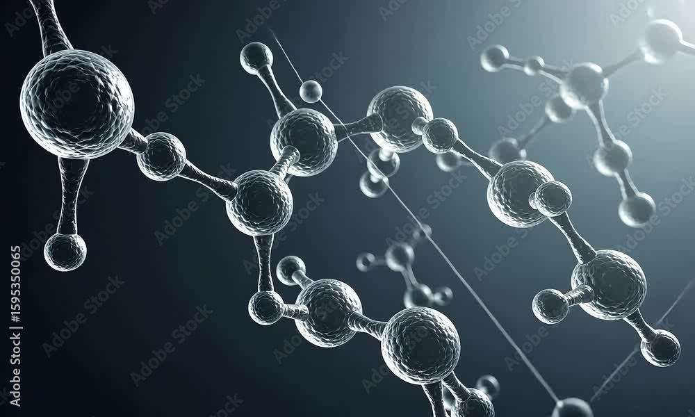 Poster abstract molecular structure on dark background with transparent spheres and light
