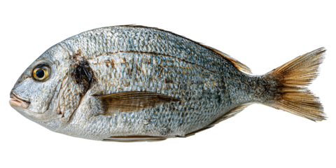 Fresh raw gilthead bream fish, also known as dorade, isolated on black background Concept of healthy eating, mediterranean cuisine, and seafood delicacy
