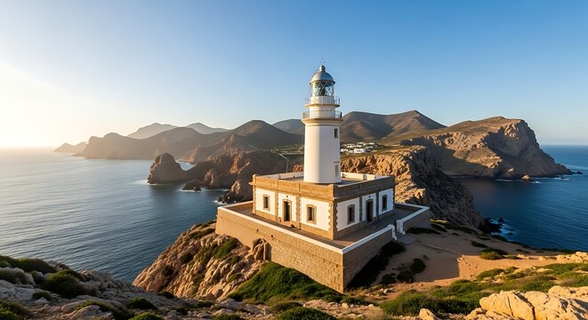Dramatic coastal landscape featuring a majestic lighthouse and rugged cliffs with serene ocean views