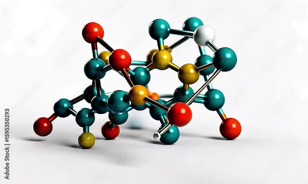 Poster abstract molecular structure rendered in 3d against white background showing connected spheres in te