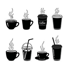 Collection of eight black and white coffee cup and drink container icons