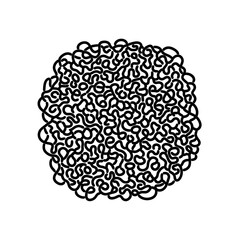 Abstract tangle of black lines forming a circular shape on white background