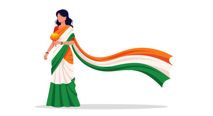 Fototapeta premium Woman in traditional Indian saree gracefully carries flowing tricolor flag.
