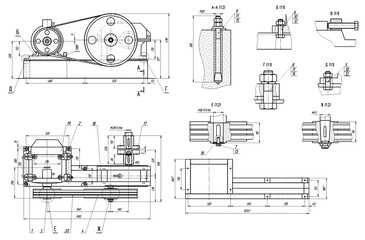 Assembly drawing of electrical conveyor with reducer. Design of steel mechanical device with shaft, worm gear, 
electric engine, bolt connection, dimension lines.
Engineering technic cad scheme.