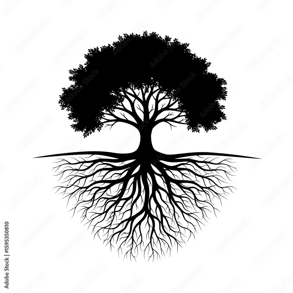 Aufkleber silhouette of a tree with extensive root system on a plain white backdrop