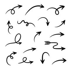 Collection of various hand drawn black arrows pointing in different directions