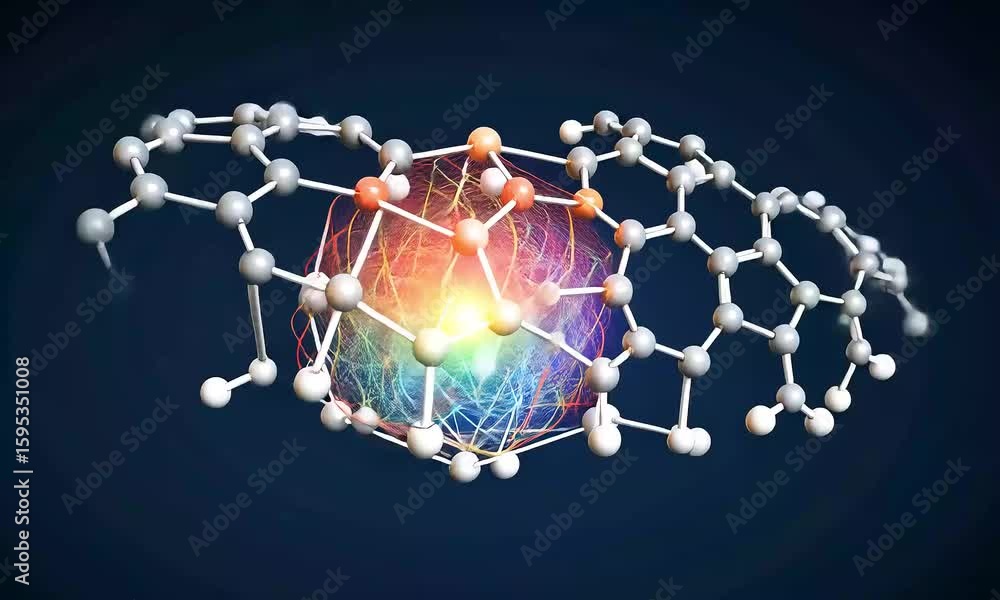 Poster abstract molecular structure visualization with colorful energy sphere on dark blue background
