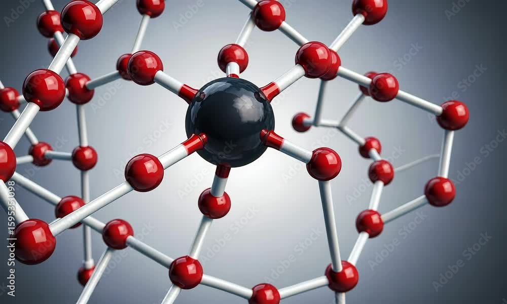 Aufkleber abstract molecular structure visualization with red spheres and white connecting rods on a gray back