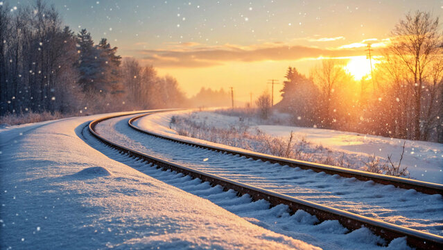 Snowy train tracks winding through a forest at sunset