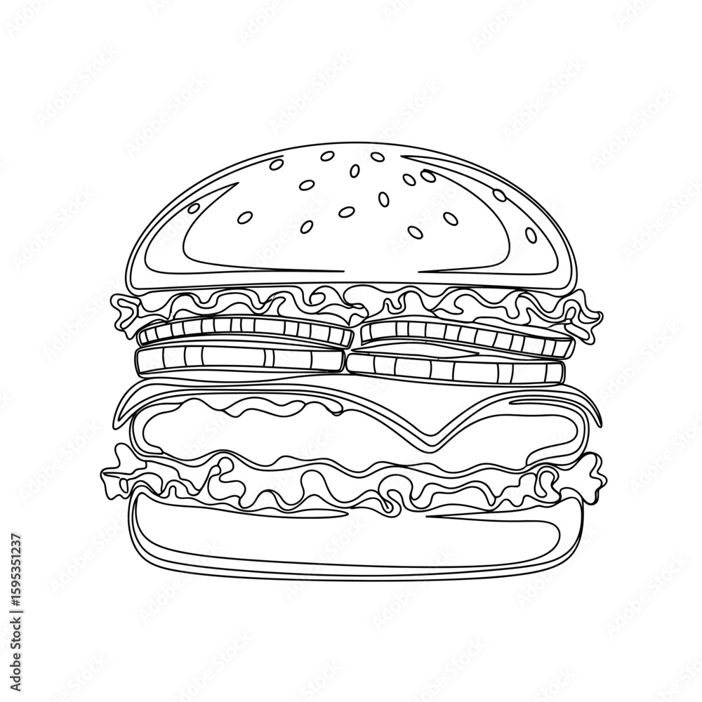 Poster continuous line drawing of a burger with toppings on a white background