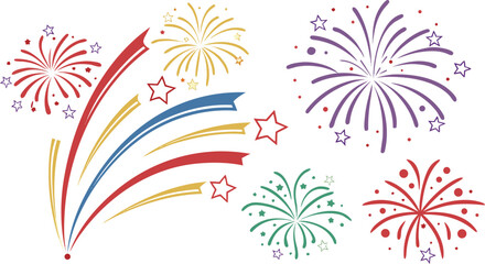 Big set of various fireworks with brightly shining sparks. Colorful pyrotechnics show. Realistic fireworks celebration isolated vector illustration. a realistic and colorful vector illustration