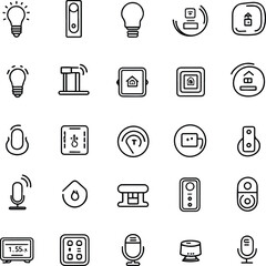 smart home and IoT device line icons in black and white. Include items like smart light, home automation hub, smart plug, temperature sensor, smart lock, surveillance camera, and voice assistant 7