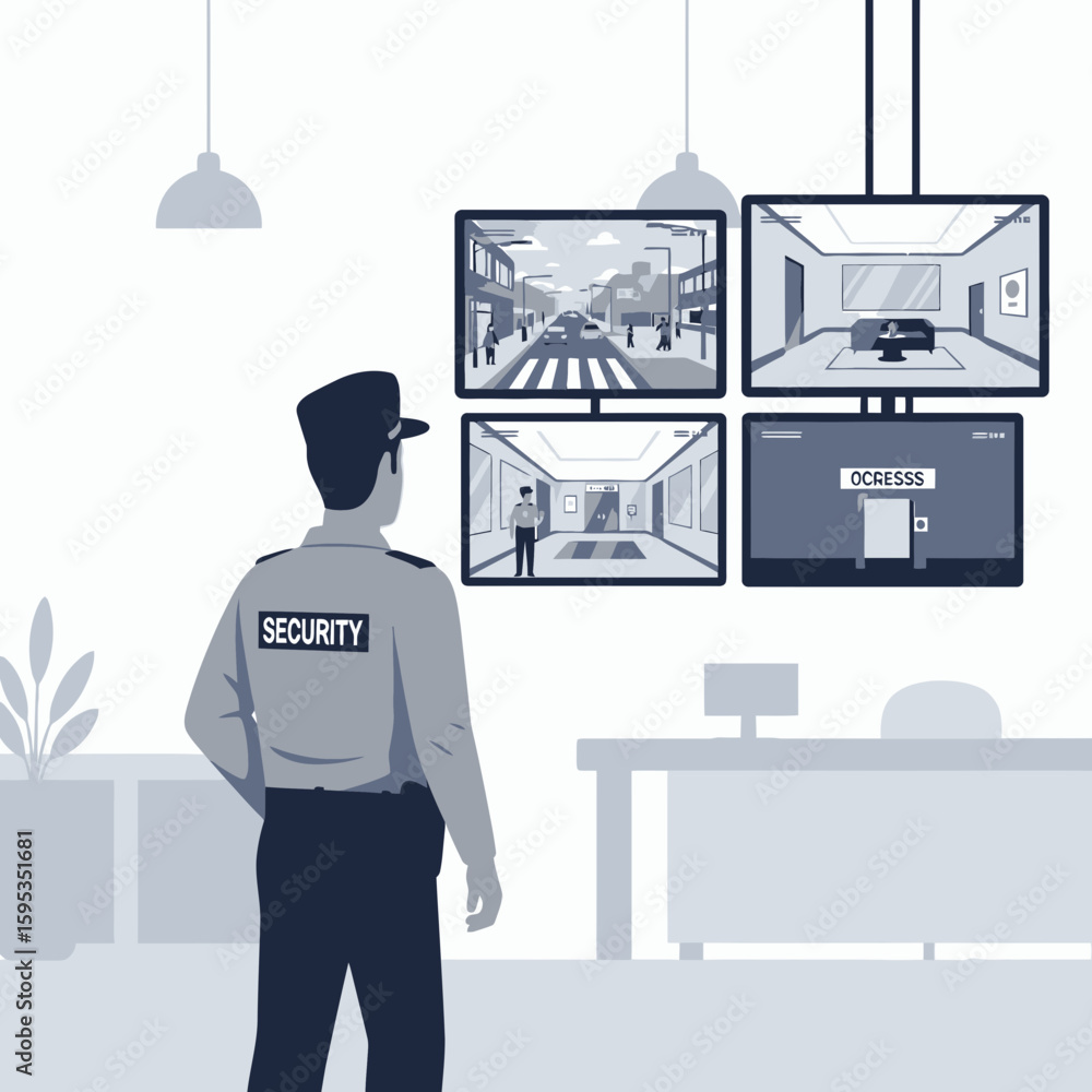 Poster a security guard monitoring multiple screens displaying surveillance footage within a building.