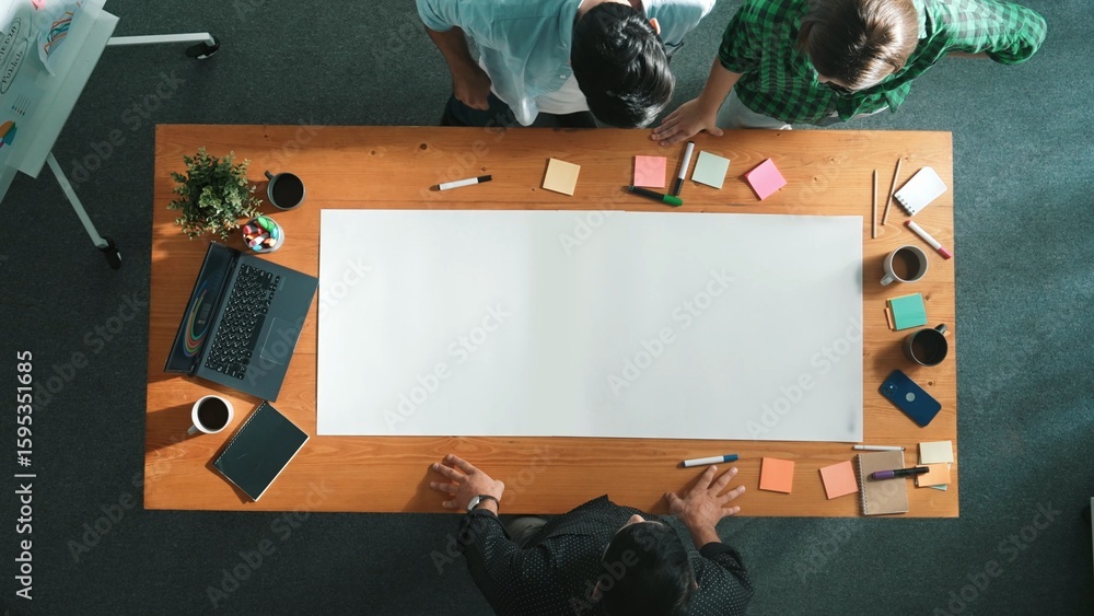 Poster time lapse of diverse group walking at boardroom and brainstorming idea. smart startup team sharing 