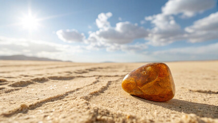Obraz premium Smooth amber colored stone resting on a sandy beach with tire tracks