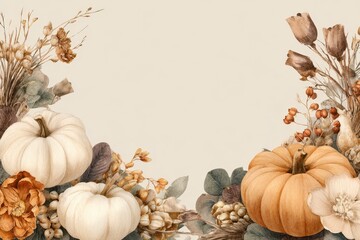 Watercolor Harvest Border: Autumn Pumpkins and Floral Twigs for Thanksgiving Card Design