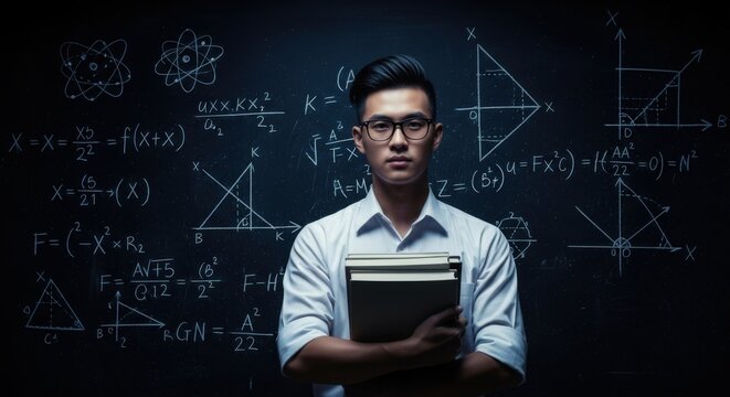Focused Asian Student with Books Before Chalkboard of Equations and Diagrams