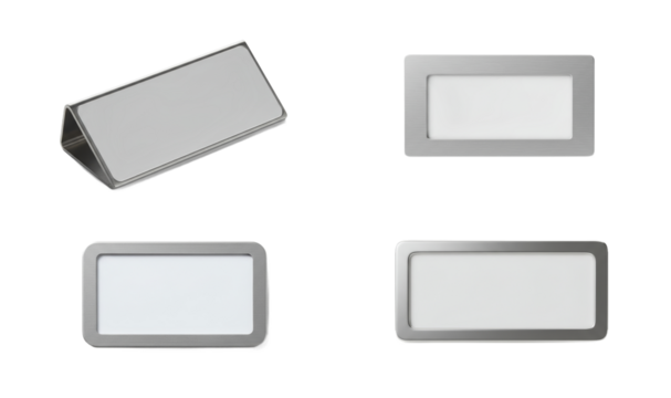 Minimalist presentation of silver name tags on a stark white background showcasing modern simplicity