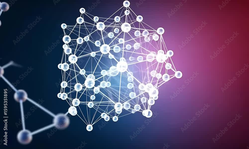 Poster abstract molecular structure with connected spheres over blue and red background illuminating futuri
