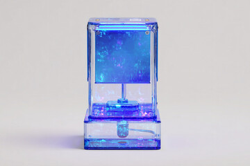 A photorealistic table lamp with vaporwave retro-inspired blue neon light