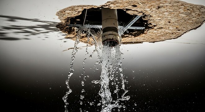 Dramatic water leak from damaged ceiling pipe showcasing emergency repair needs and home damage