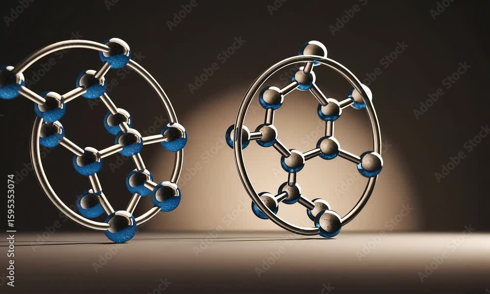 Poster abstract molecular structures with blue spheres inside metallic frames on dark background