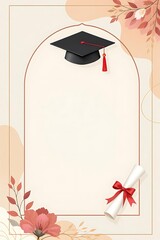 Graduation Illustration with Arch Frame, Red Floral Accents, and Cap and Diploma