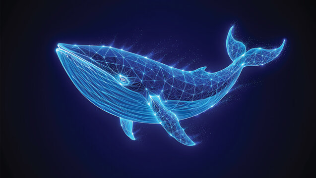 Blue digital wireframe whale swimming in dark blue starry background geometric