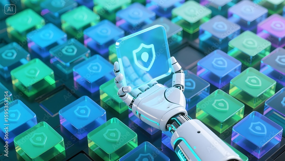 Poster cybersecurity robot hand holding shield icon on colorful blocks symbolizes data protection