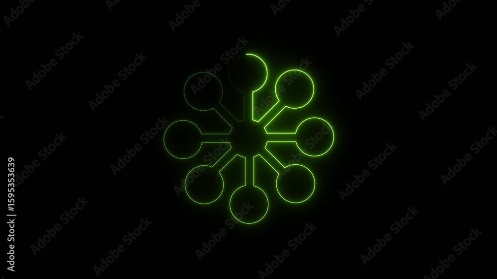 Poster abstract glowing green neon geometric network structure with connected circular nodes on a black bac