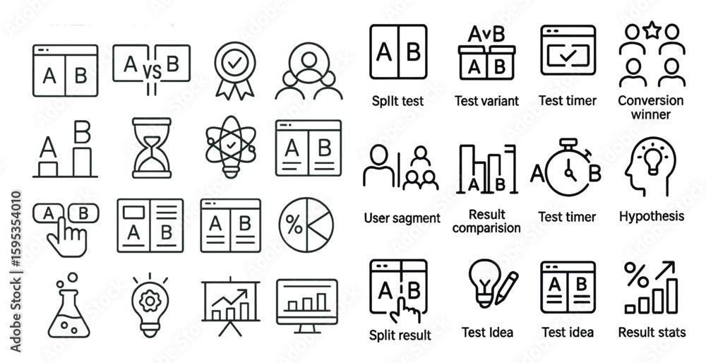 Poster set of icons for a test or quiz. the icons include a clock, a person, a person with a book, a person