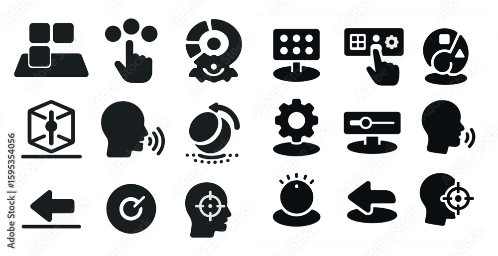 Leinwandbilder Collection of icons for a computer program. The icons include a person with a microphone, a person with a camera, a person with a mouse, and a person with a keyboard
