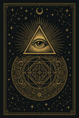 Illuminati Symbol with All-Seeing Eye—Masonic Triangle, Occult Mystic Design, Vintage Esoteric Illustration