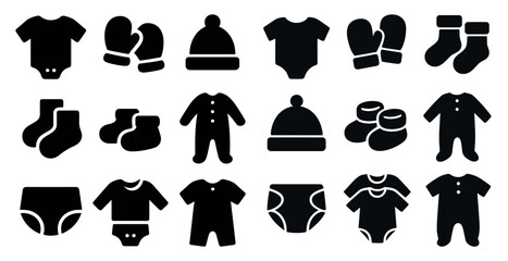 Collection of baby clothes and accessories. The clothes include a hat, a shirt, a diaper, and a pair of socks