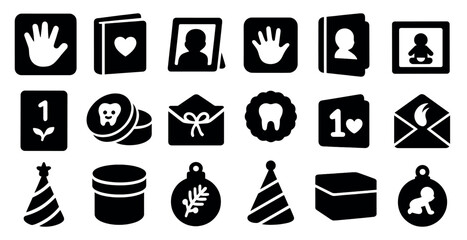 Collection of black and white icons, including a hand, a heart, a tooth, a box, a book, a box, a box, a box, a box, a box, a box, a box, a box, a box