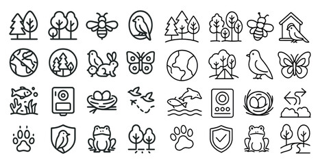 Collection of nature-related icons, including trees, birds, and butterflies. The icons are arranged in a grid, with some overlapping each other